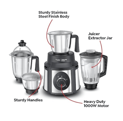 Prestige Endura 1000W Mixer Grinder with Ball Bearing Technology(Stainless Steel 4 Jars, Black & Silver) - Image 2